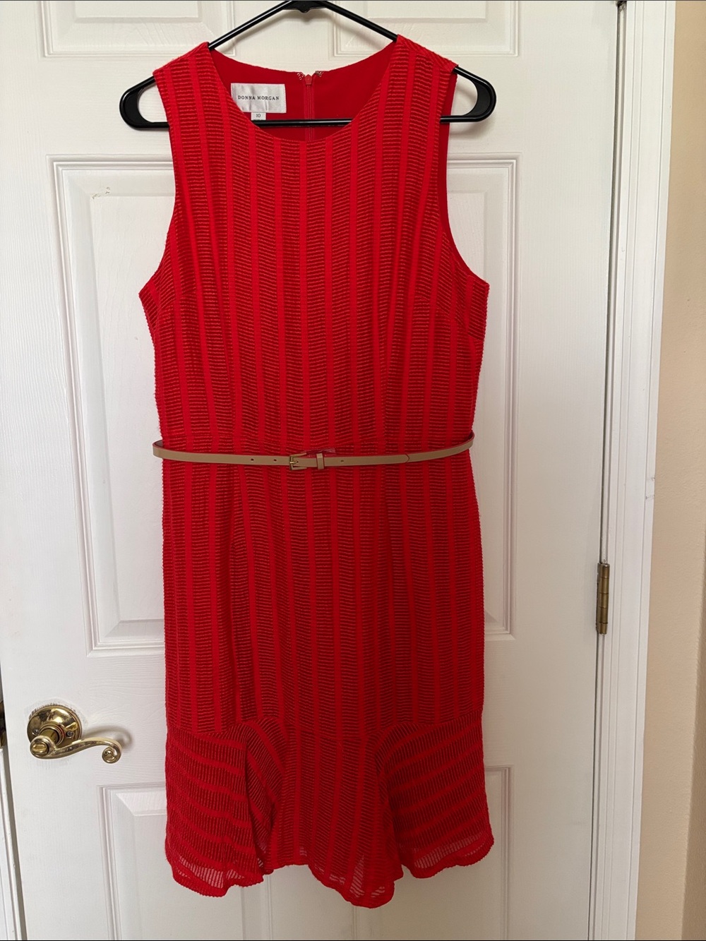Donna Morgan Red Textured Sleeveless Dress with Tan Belt